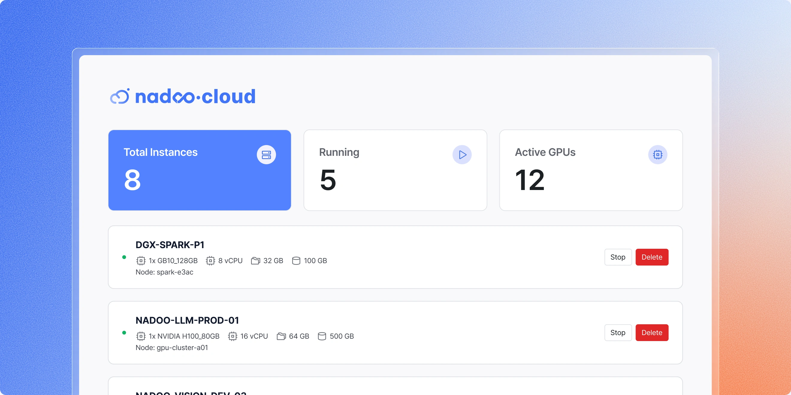 Nadoo Cloud instance management console